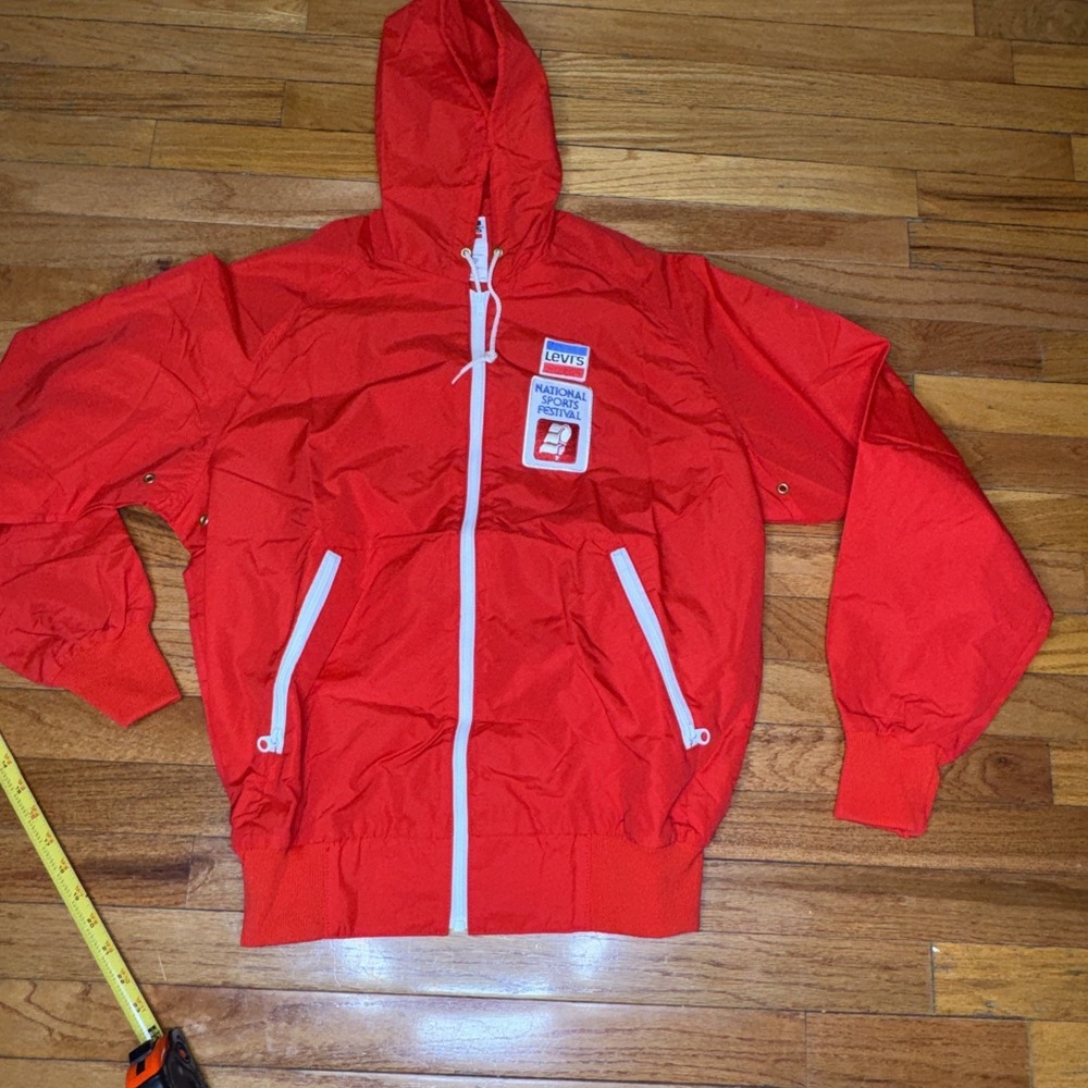 Vintage 60s Levis Hooded National Sports Festival Jacket Light Windbreaker M Red - Picture 2 of 13